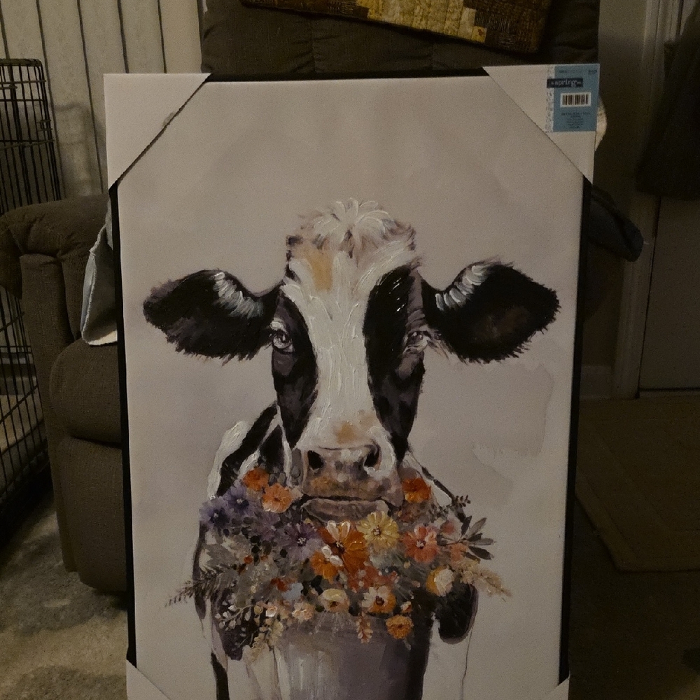 Cow Canvas Wall Art with Floral Design